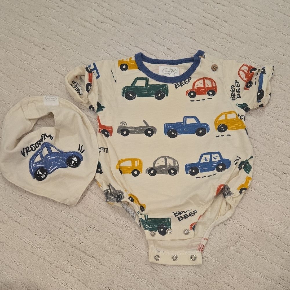 Mud Pie Blue and Cream Baby Romper with Car Design & Matching Bib